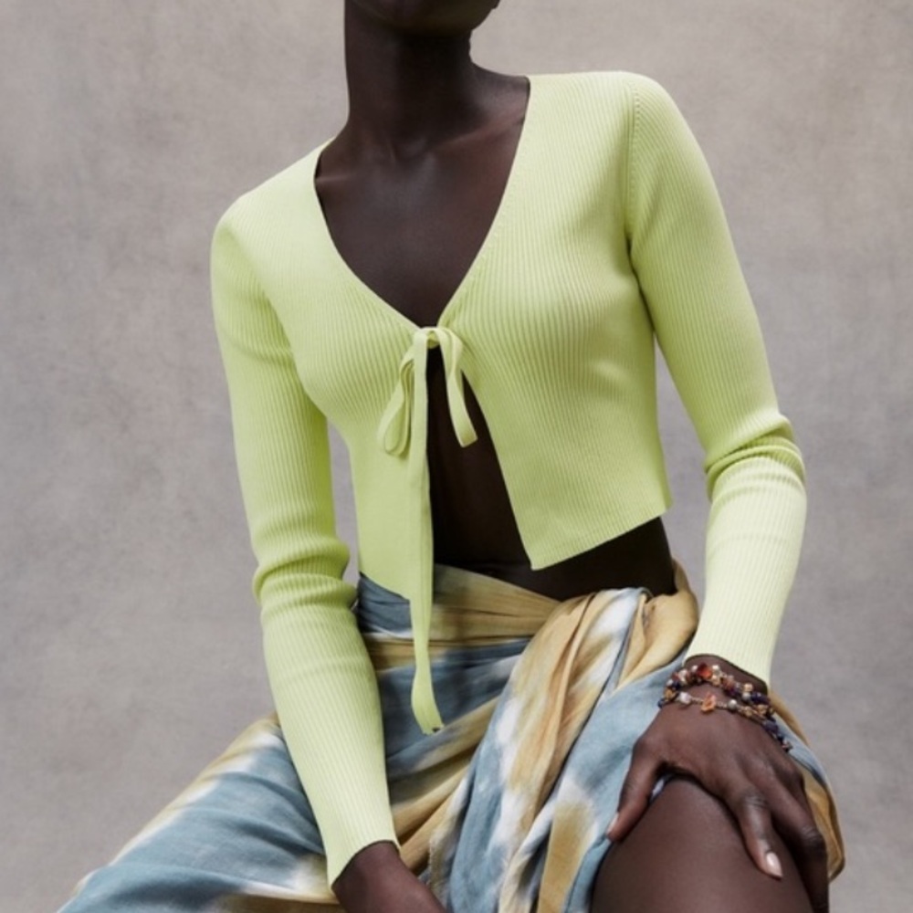 Zara Y2K Neon Ribbed Crop Cardigan w/Tie-Front